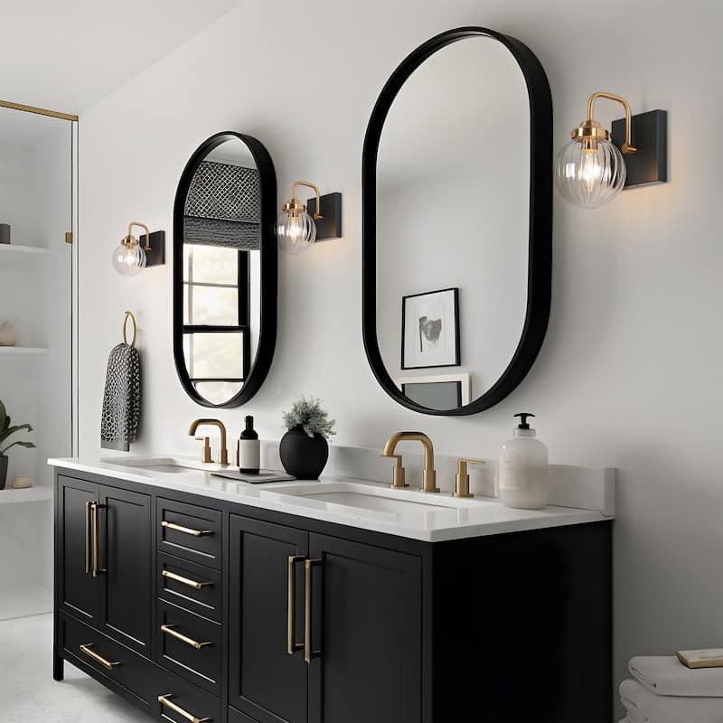 Modern 2-Light Black Gold Bathroom Vanity Light Ribbed Glass Wall Sconce