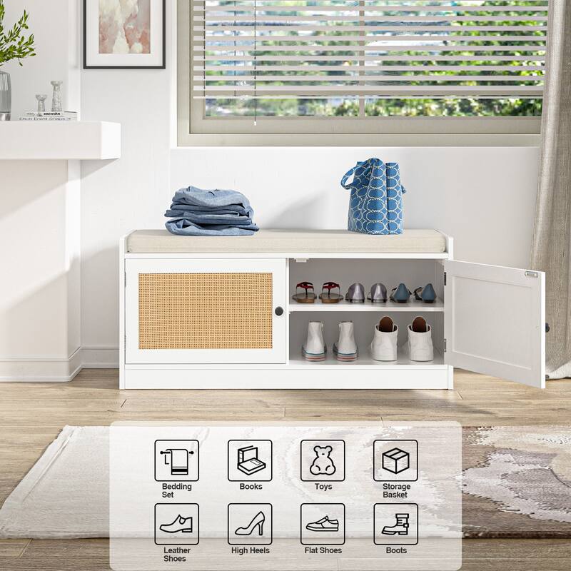 Anmytek White Shoe Storage Bench for Entryway with Cushion and Adjustable Shelves - 39.8" W x 15.7" D x 18" H