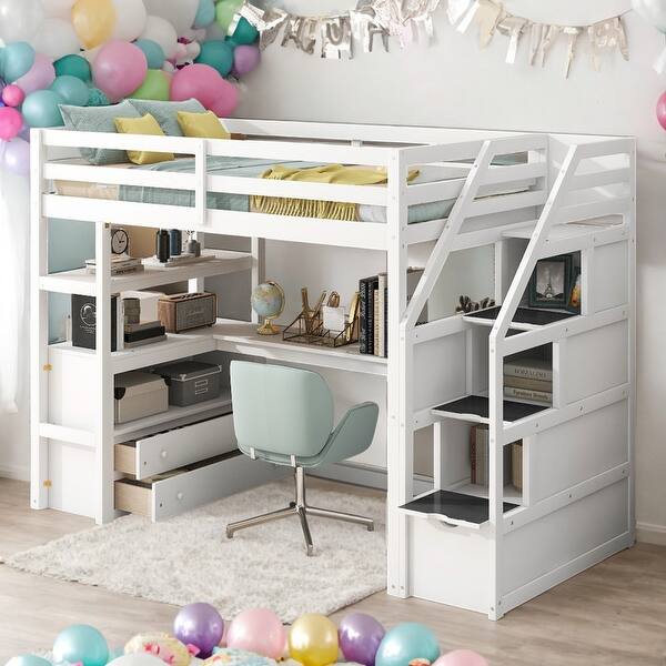 slide 2 of 32, Multifunctionl Twin Size Loft Bed With Desk And Shelves,Two Built-in Drawers White