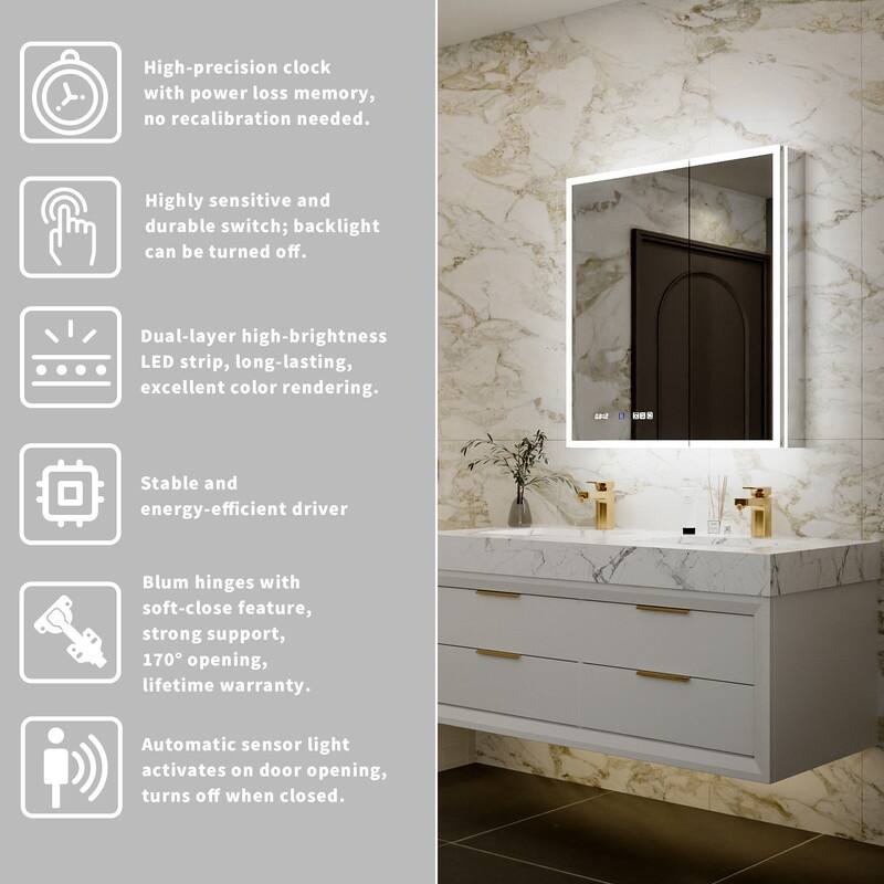 MEDUNJESS Double Opening Frameless Bathroom Mirror Cabinet with Defogging