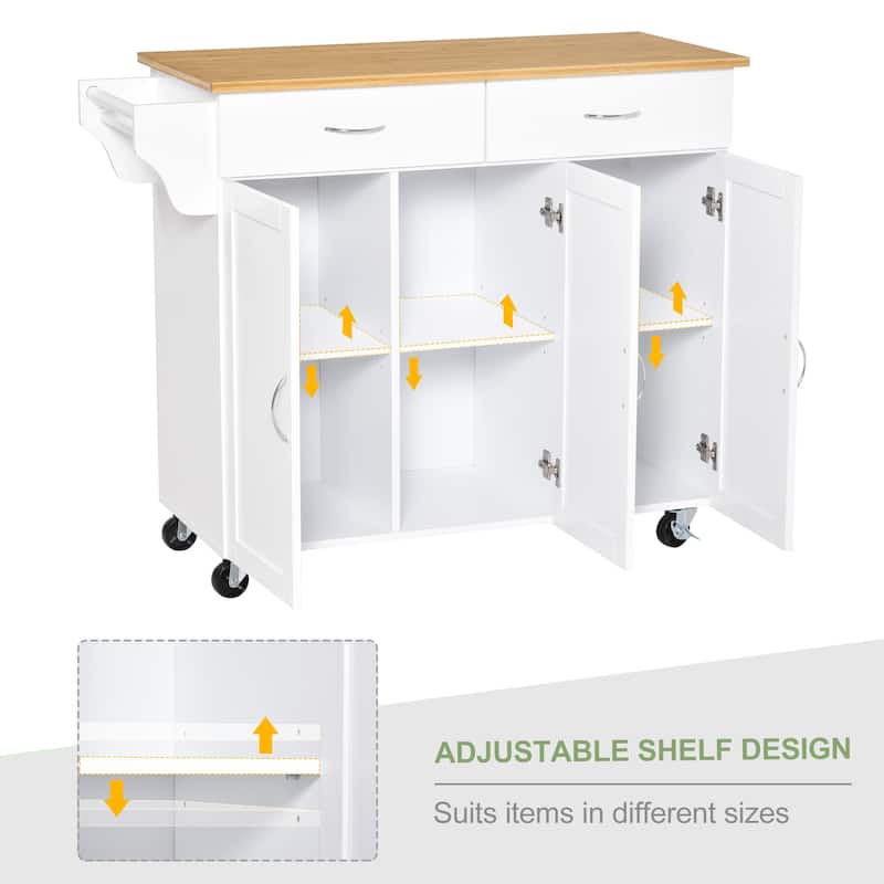 HOMCOM Rolling Kitchen Island Cart with Large Bamboo Countertop, 2 Cabinets with Adjustable Shelves and Wheels, White