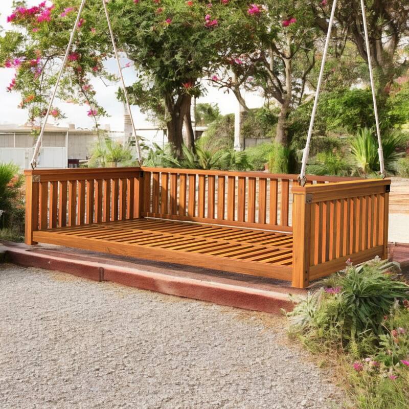 Premium Acacia Wood Patio Swing Bed with Ropes - Comfortable Outdoor Twin-Size Swing for Garden, Porch, or Backyard - teak