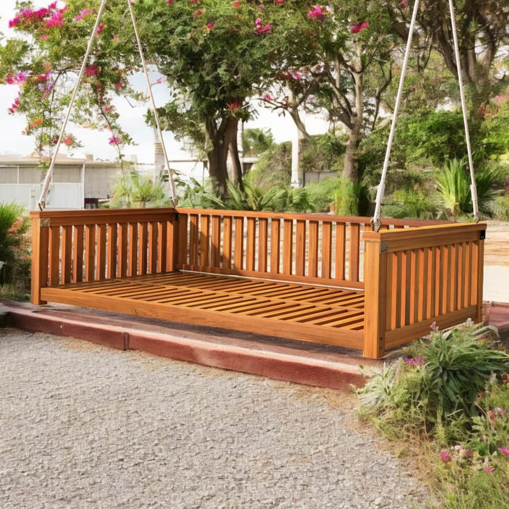 Premium Acacia Wood Patio Swing Bed with Ropes - Comfortable Outdoor Twin-Size Swing for Garden, Porch, or Backyard