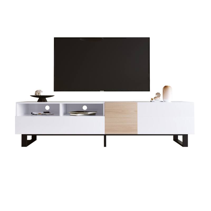 Modern TV Stand with Open Shelving, 2 Drawers and Drop-Down Door, , for TVs Up to 80 Inches, for Living Rooms and Bedrooms