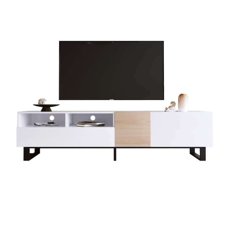White+Natural 70.9" TV Stand with Double Storage Space and Drop Down Door for TVs Up to 80"