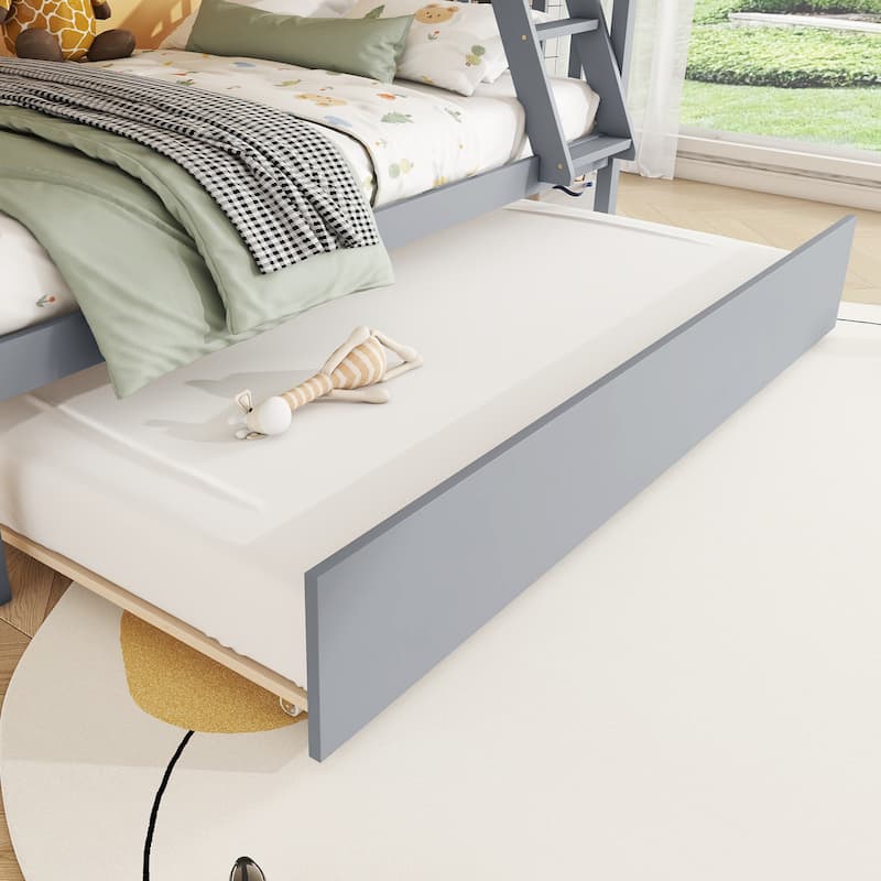 Rubber Wood Bunk Bed with Trundle Bed,Converted into 2 Individual Beds