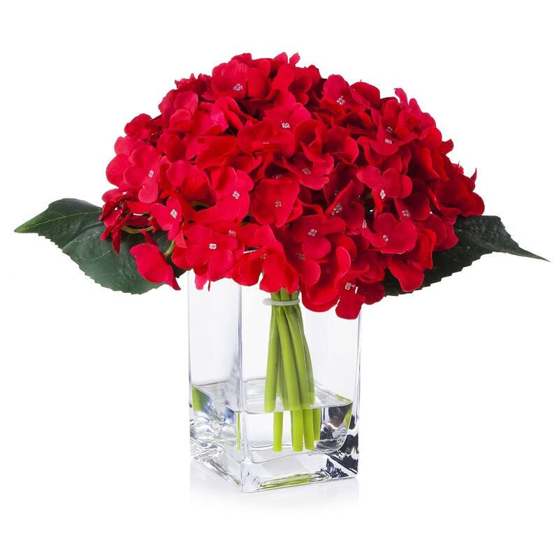 Enova Home Artificial Fake Hydrangea Silk Flowers Arrangement in Clear Glass Vase with Faux Water for Home Wedding Decoration - Red
