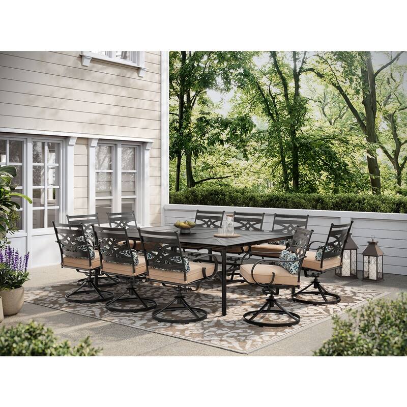 Hanover Montclair 11-Piece Dining Set in Tan with 10 Swivel Rockers and a 60-In. x 84-In. Table
