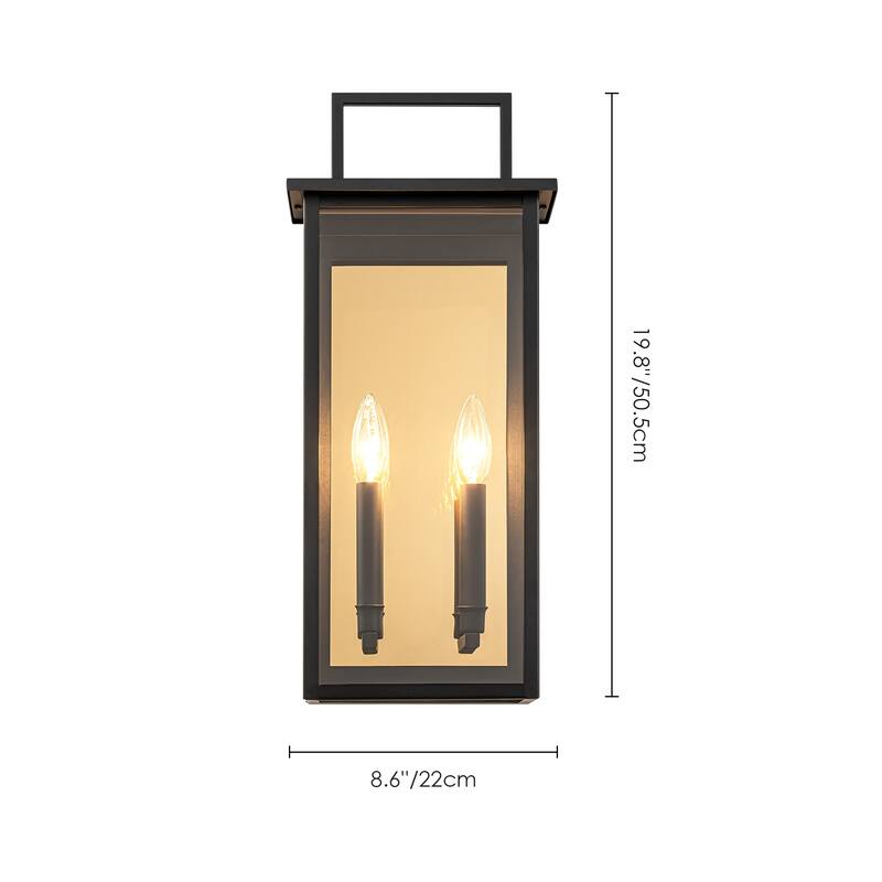2-Light Industrial Black Outdoor Light Square Clear Glass Waterproof Lantern Wall Sconce - 8.6 in. W x 19.8 in. H x 5.1 in. D