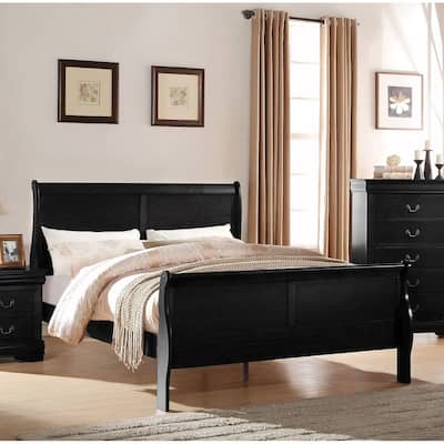 Black King Size Transitional Solid Wood Bed with Veneers and Antique Brass Hardware