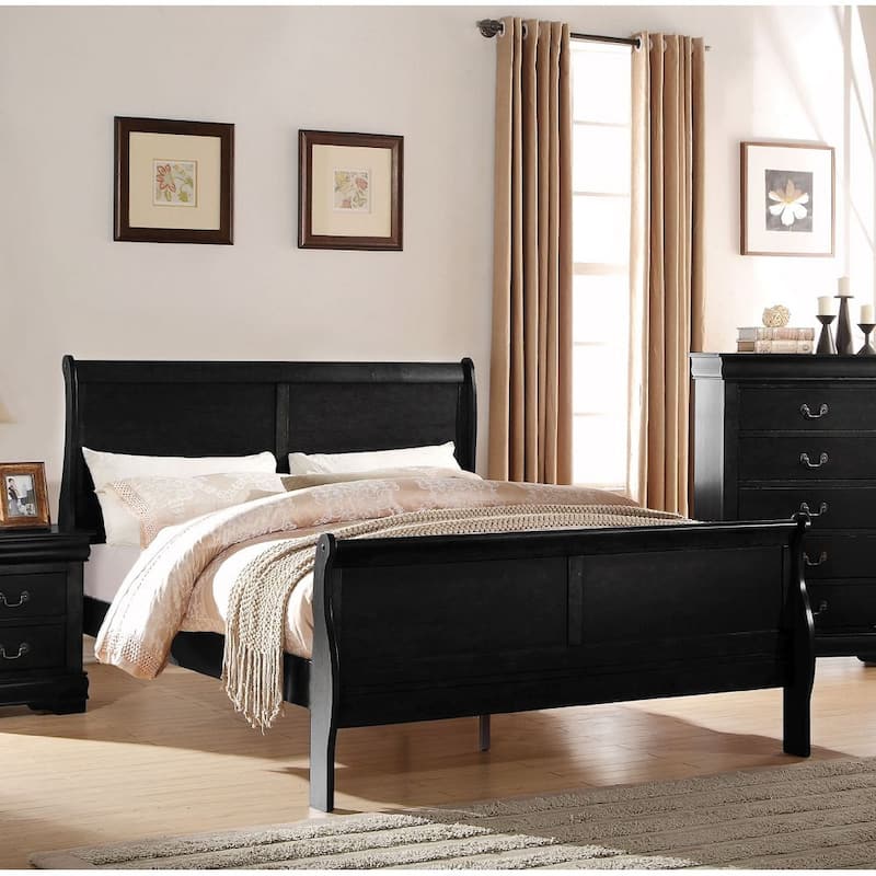 Queen Size Transitional Style Solid Wood Platform Bed with Hand Selected Veneers and Antique Brass Hardware - Black - Queen