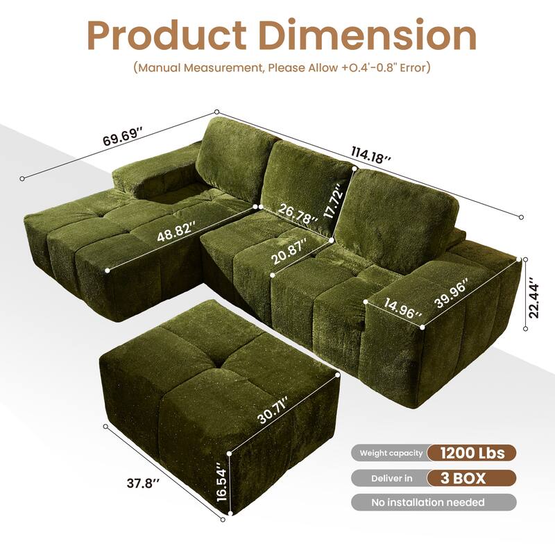 HOOOWOOO Modern Sparkly Velvet Fabric Chaise Sofa Couch with Ottoman