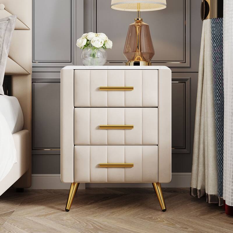 Modern Upholstered Velvet Nightstand with 3 Drawers, Metal Handles & Marbling Top - Pink