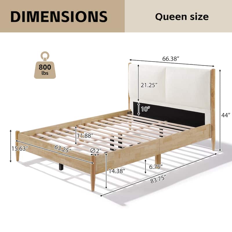 Christopher Knight Home - Elara Damare Queen Bed with Solid Rubberwood Frame, Boucle Upholstered Headboard