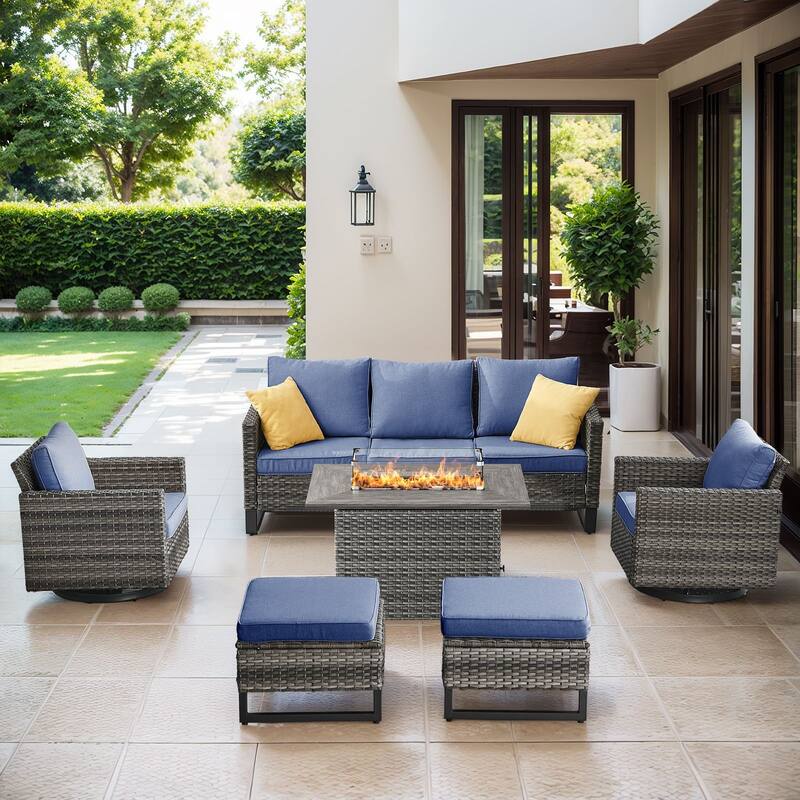 Patio Sofa 2 Swivel Chairs Ottomans and Fire Table Grey-Blue - Grey - Grey - Blue