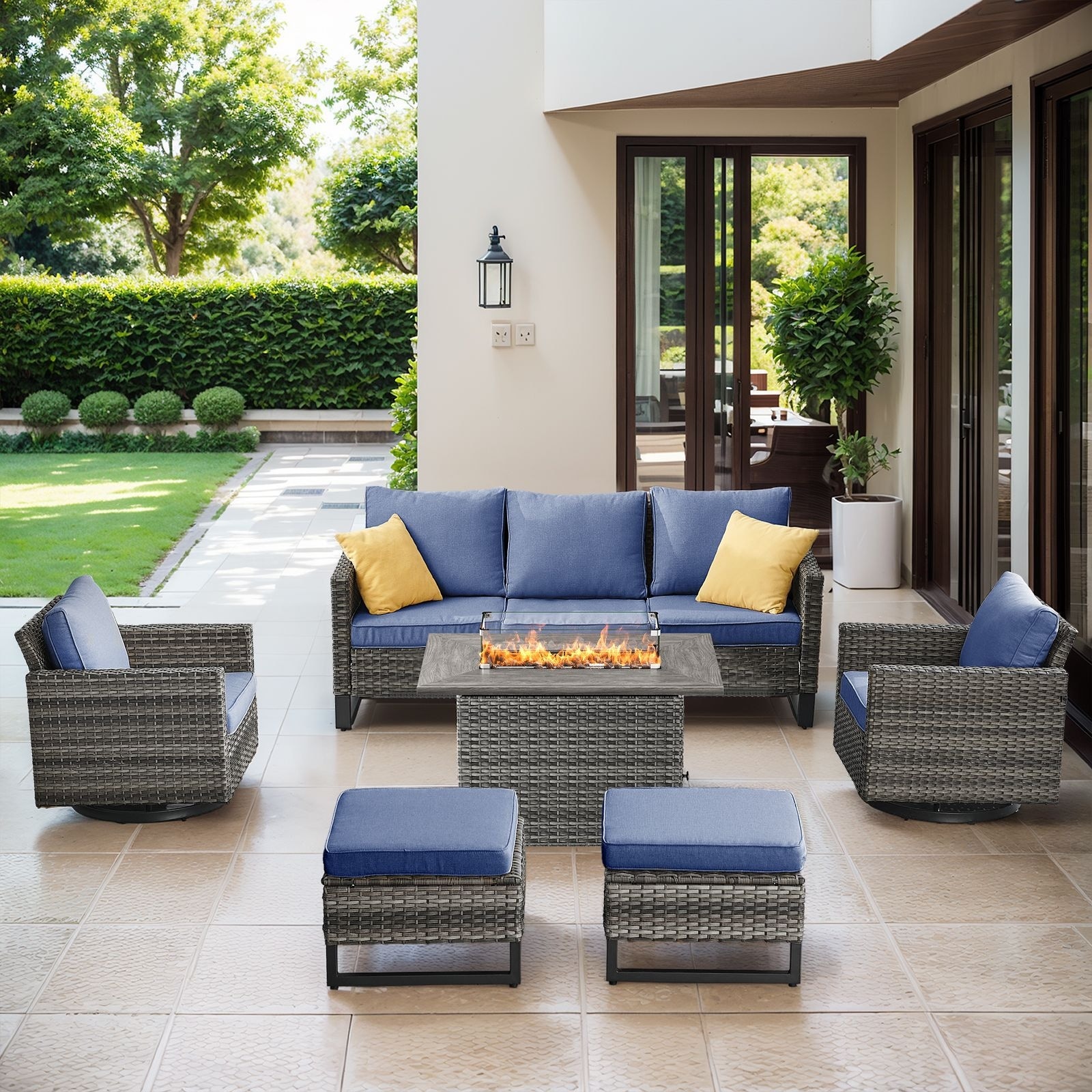 Patio Sofa 2 Swivel Chairs Ottomans and Fire Table Grey-Blue - Grey