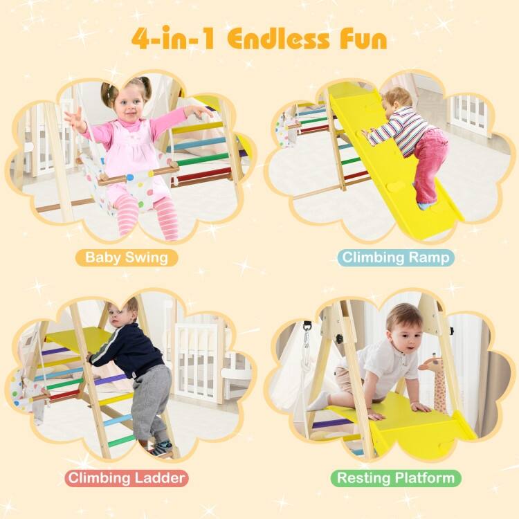 Multicolor Solid Wood Kids 4-in-1 Jungle Gym with Swing, Ramp and Platform - Multi Color - 73" × 47" × 45" (L × W × H)
