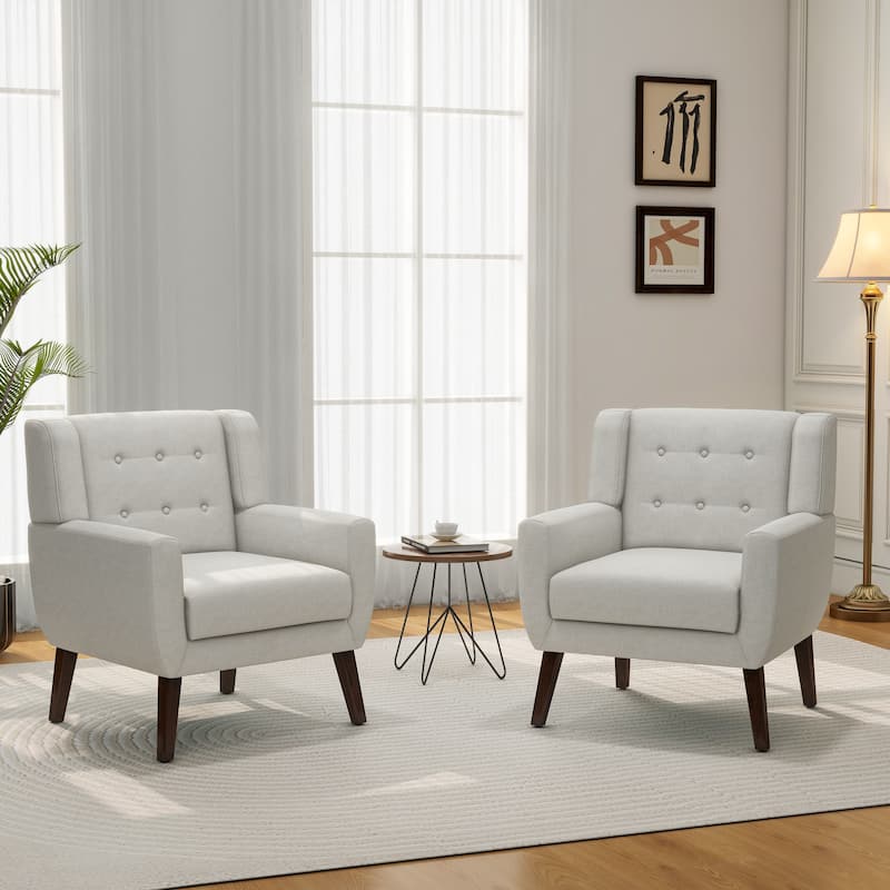 Set of 2 Modern Accent Chair Cotton Linen Upholstered Armchair for Living Room - Tufted - Beige
