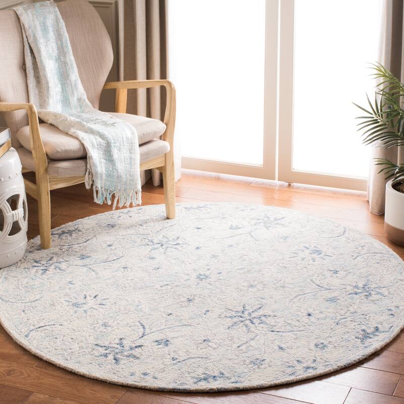 SAFAVIEH Handmade Micro-Loop Utta Wool Rug - 5' Round - Light Blue/Ivory