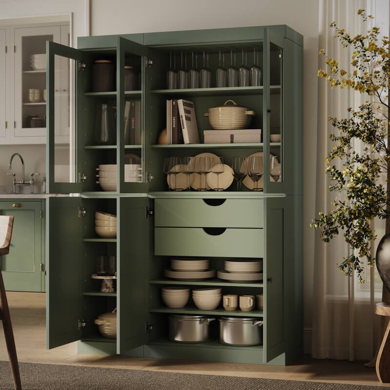 Palace Imports 100% Solid Wood 48.5" Pantry Cabinet with Clear Glass, Shaker Doors, 2-Drawers and Adjustable Shelves - Sage