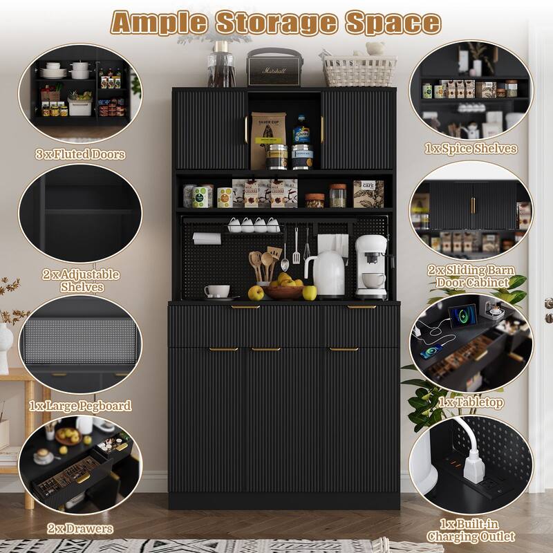 Gymojoy 71" Kitchen Pantry Cabinet with Power Outlets & Pegboard, Freestanding Food Storage Hutch with Microwave Stand