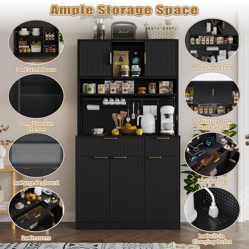 Meyreso Boho Fluted Kitchen Pantry Storage Cabinet Hutch with Microwave Stand and Power Outlets