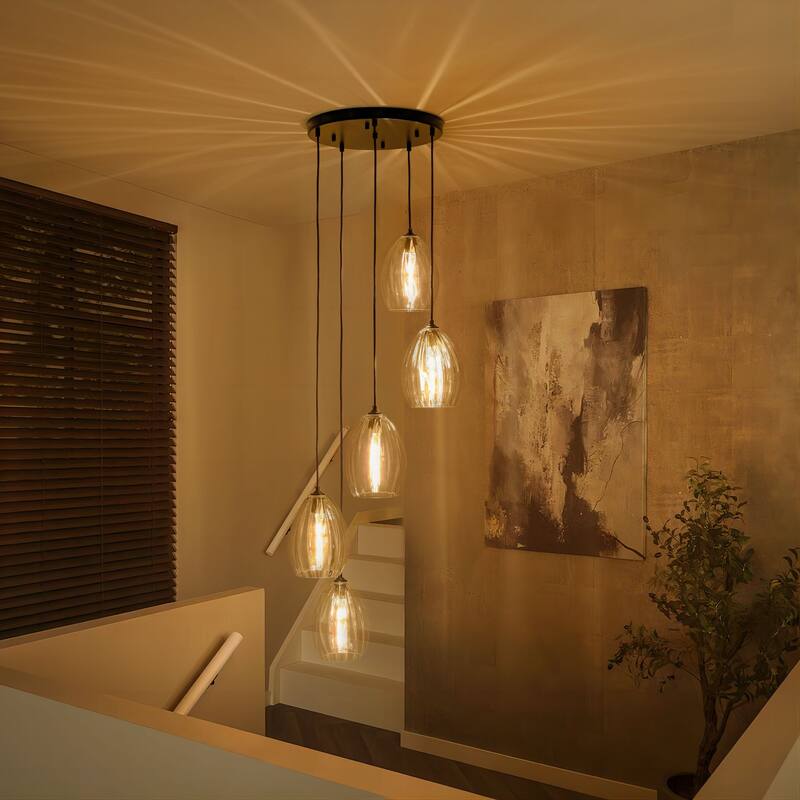 5-Light Modern Cluster Black Pendant Light with Glass Shade