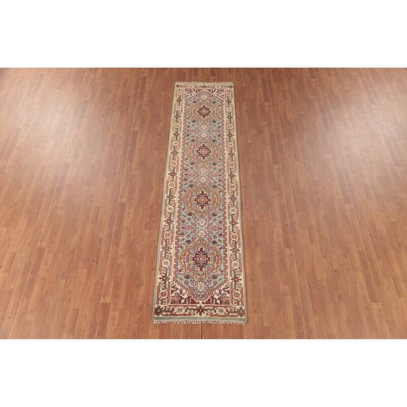 Geometric Heriz Serapi Runner Rug Handmade Blue Wool Carpet - 2'6"x 9'9"