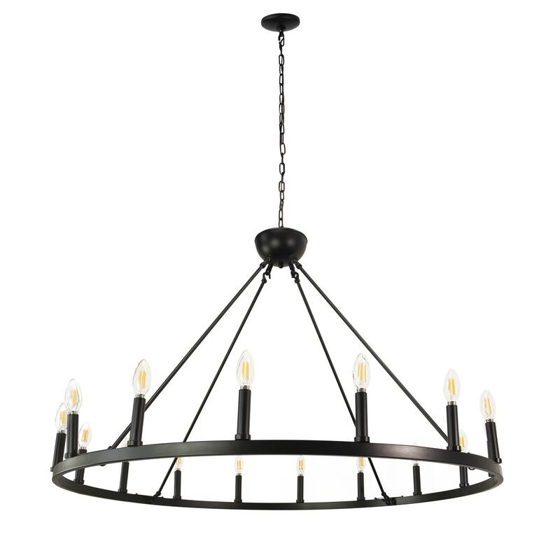 12 Light Chandelier Wagon Wheel (37” Wide) Matte Black Steel Frame - Ancora 16 Light Chandelier Wagon Wheel
