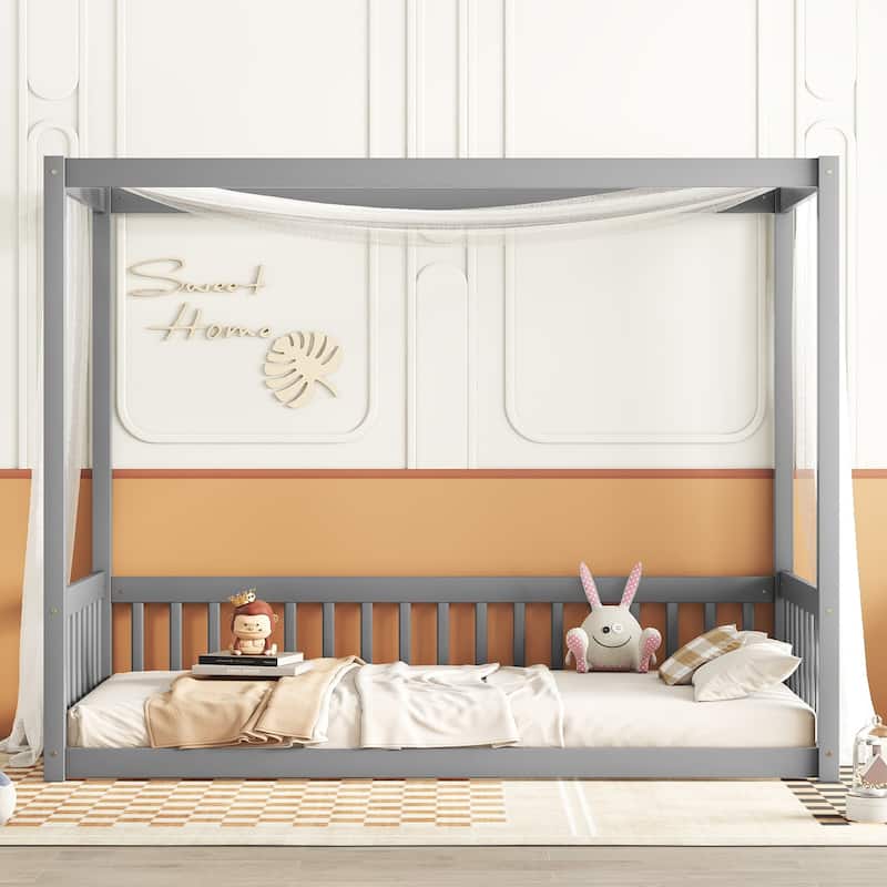 Wood Canopy Frame Floor Bed with Fence,Guardrails - Grey