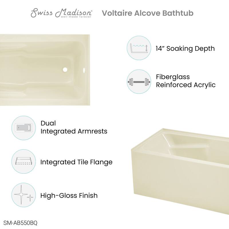 Swiss Madison Voltaire, Acrylic White, Alcove, Integral Armrest, Bathtub with Apron