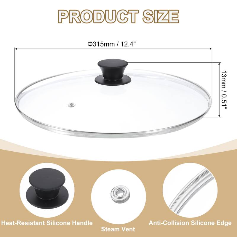 1 Pcs Universal Lid for Pot Cookware, Replacement Glass Pan Lids - Clear, Black - Fit 12 Inch