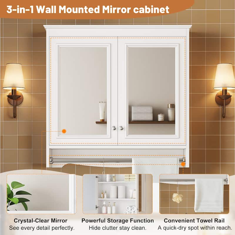 3-in-1 Bathroom Mirror Cabinet, 30"Wall Mounted Medicine Cabinet with Adjustable Shelves & Soft Close Doors