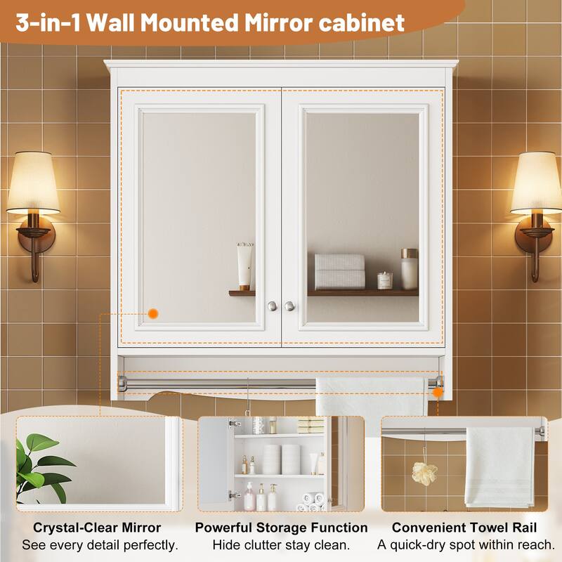 30" 3-in-1 Bathroom Mirror Medicine Cabinet - Wall Mounted with Adjustable Shelves, Soft Close Doors & High-Define Mirror