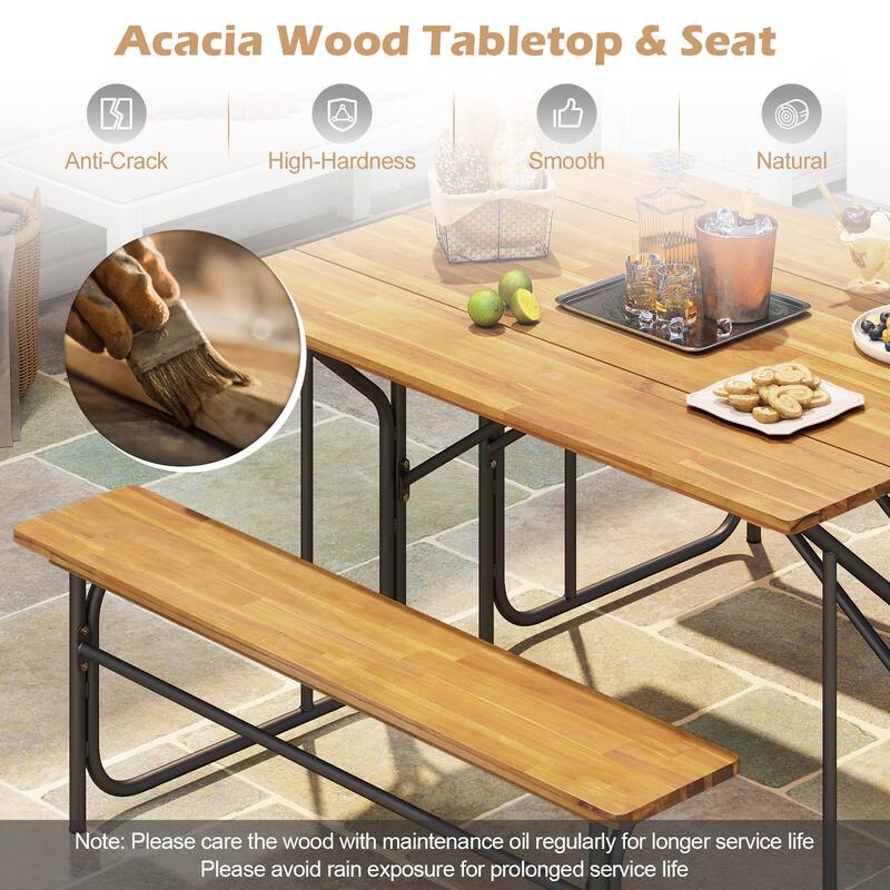 Gymax 2PCS Table Bench Set for 2 Picnic Table & Loveseat w/Acacia Wood
