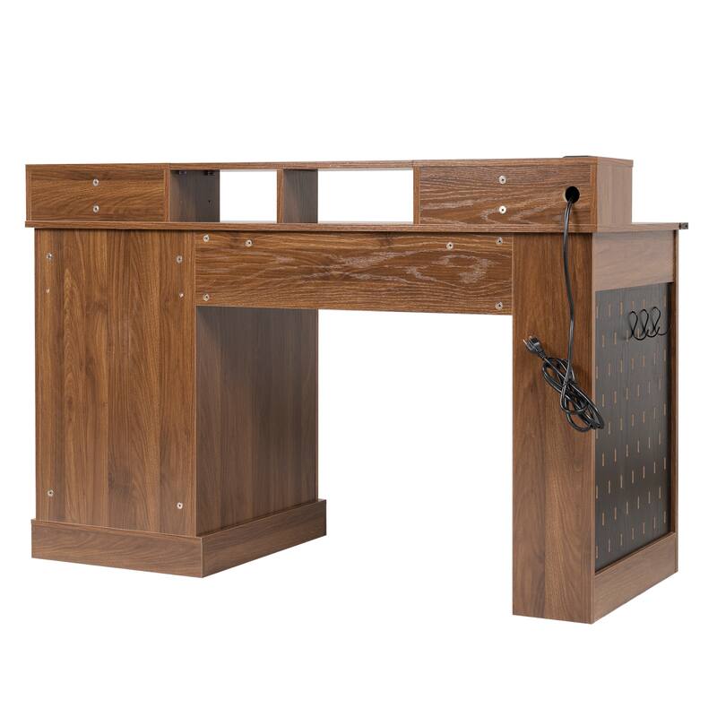 Roomfitters 55" Farmhouse Office Desk with Barn Door Cabinet, Pegboard & Charging Station