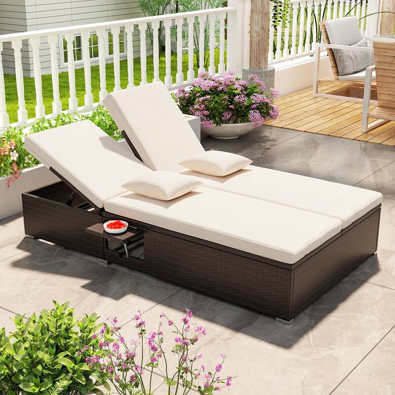 Comfortable Double Chaise Lounge with Cushions and Folding Side Tables Perfect Outdoor Relaxation - 76” L x 43” W x 13”-38” H