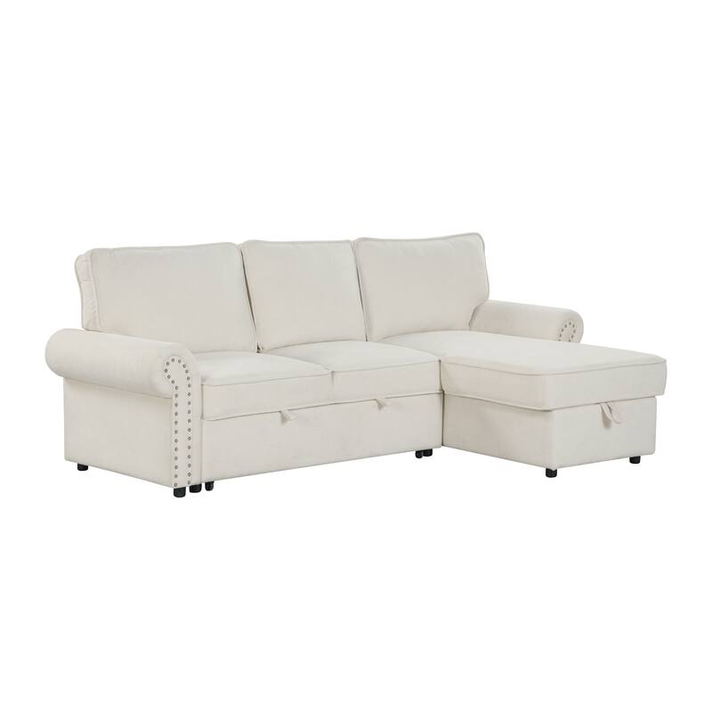 95" Convertible Sectional Sleeper Sofa with Storage Chaise, Pull-Down Tray & Cup Holders, Acacia Wood Frame (Polyester)