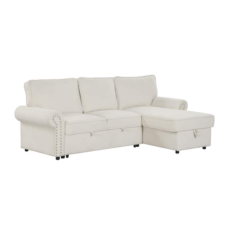 Convertible Sectional Sleeper Sofa with Storage Chaise, Pull-Down Backrest, Dual Cup Holders, Arc Armrests and Nailhead Trim