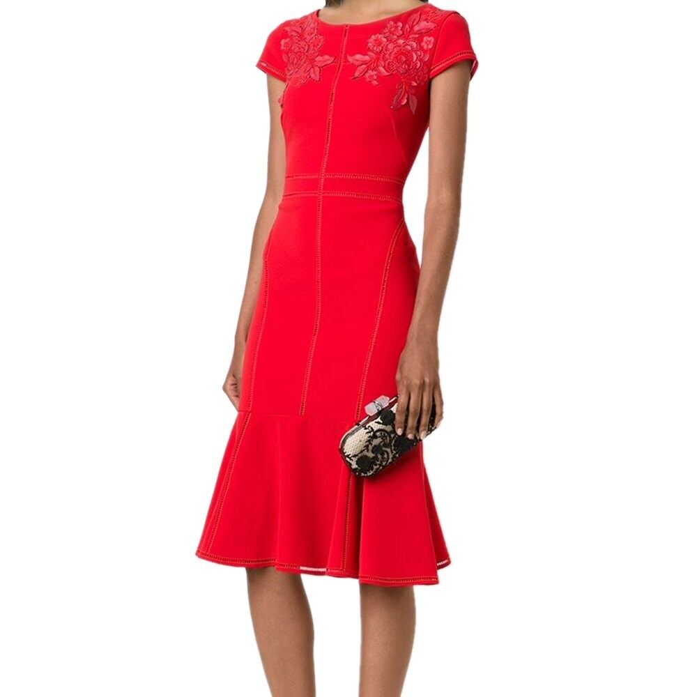 marchesa notte red floral embroidered sheath