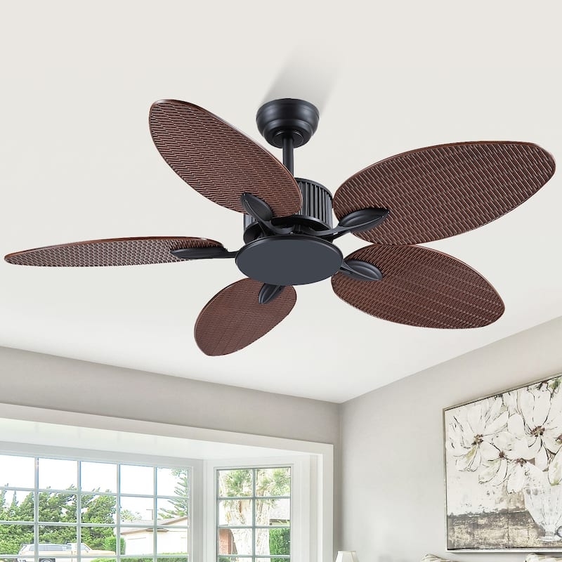 50 Inch Tropical Palm Island Brown and Wood Grain Tropical Indoor/Outdoor Ceiling Fan DC Motor Remote Control - 50 Inches