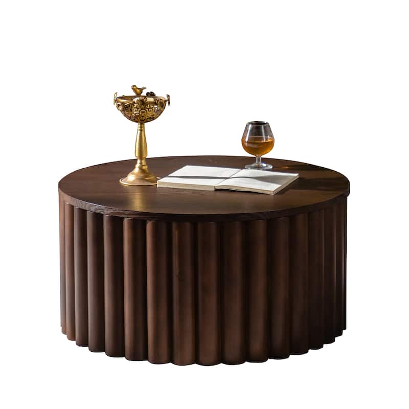 GDFStudio - Modern Lift-Top Round Storage Coffee Table with Handcrafted Relief Pedestal Base