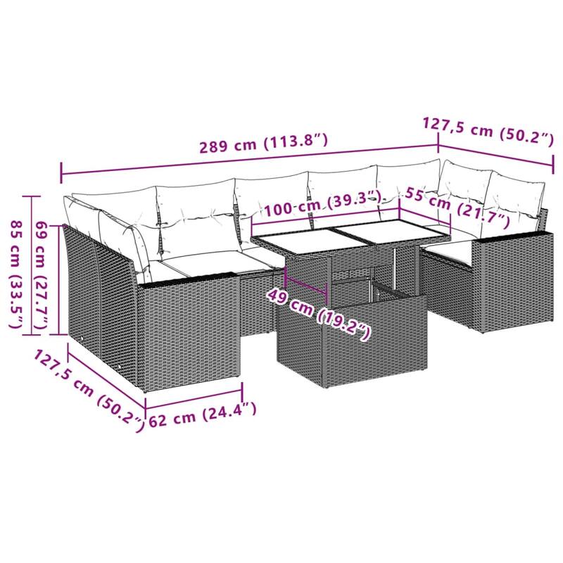 vidaXL Patio Sofa Set with Cushions Outdoor Furniture 8 Piece Poly Rattan - 21.7 x 39.4 x 28.7 in