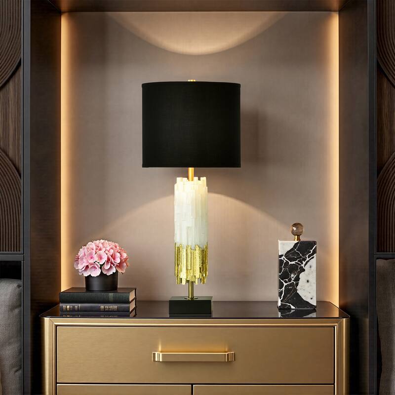 Tamara Day for Stylecraft Jasper Table Lamp - Black, White & Gold Leaf - Black Shade - Natural White With Gold Leaf/Black