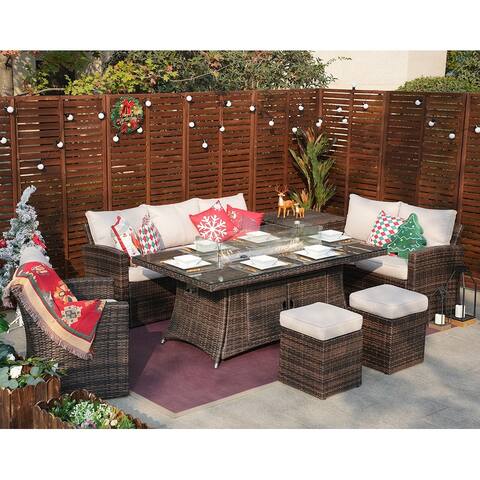 7-Piece Patio Wicker Dining Sofa Set with Rectangle Firepits Table