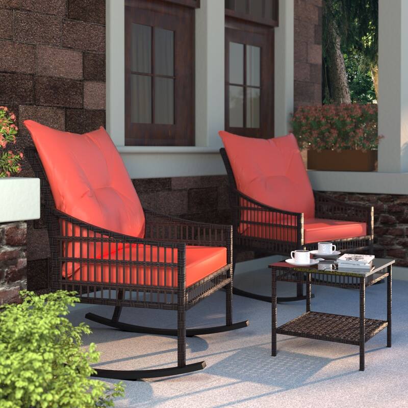 VEIKOUS 3-Piece Outdoor Wicker Patio Porch Rocking Chair and Rattan Coffee Table Set with Cushions and Pillows