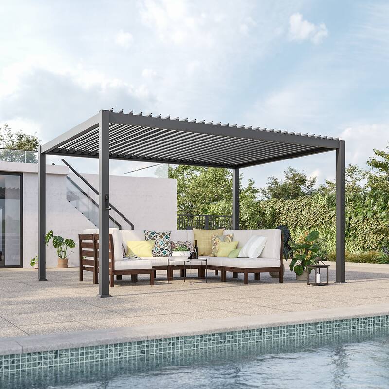 Aluminum Steel Pergola, Outdoor Pergola with Adjustable Roof - 10x13FT - Grey