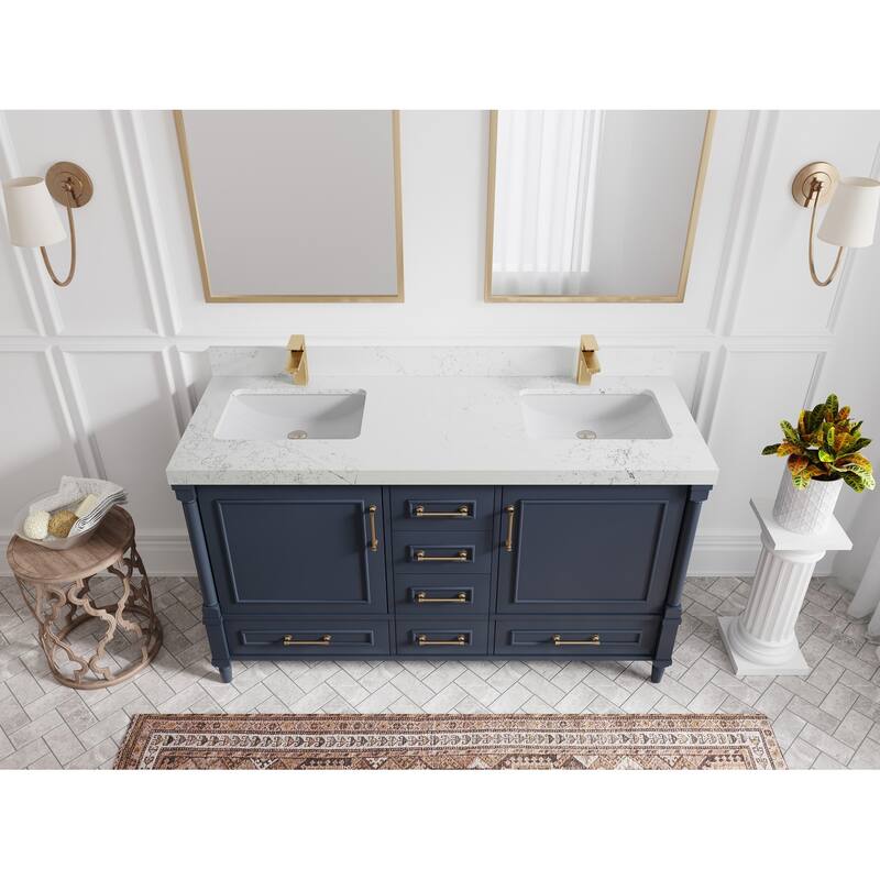 Willow Collections 60 in. W x 22 in. D Aberdeen Double Sink Bathroom Vanity with Countertop - 2" Empira White - Hale Navy Blue
