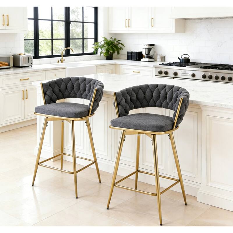 Set of 2 Swivel Bar Stools with Dark Gray Linen Seat & Golden Metal Legs for Restaurant & Bar