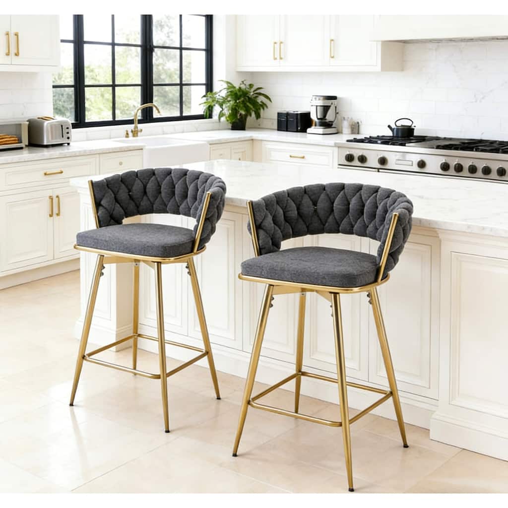Set of 2 Swivel Bar Stools with Dark Gray Linen Seat & Golden Metal Legs for Restaurant & Bar